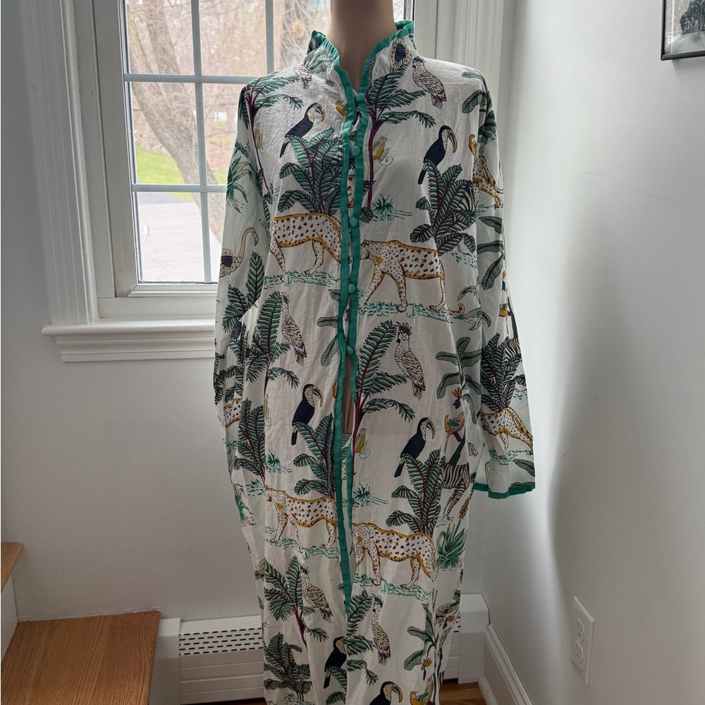 Tropical Print Long Kimono Caftan Tunic with Green Piping and Button detail